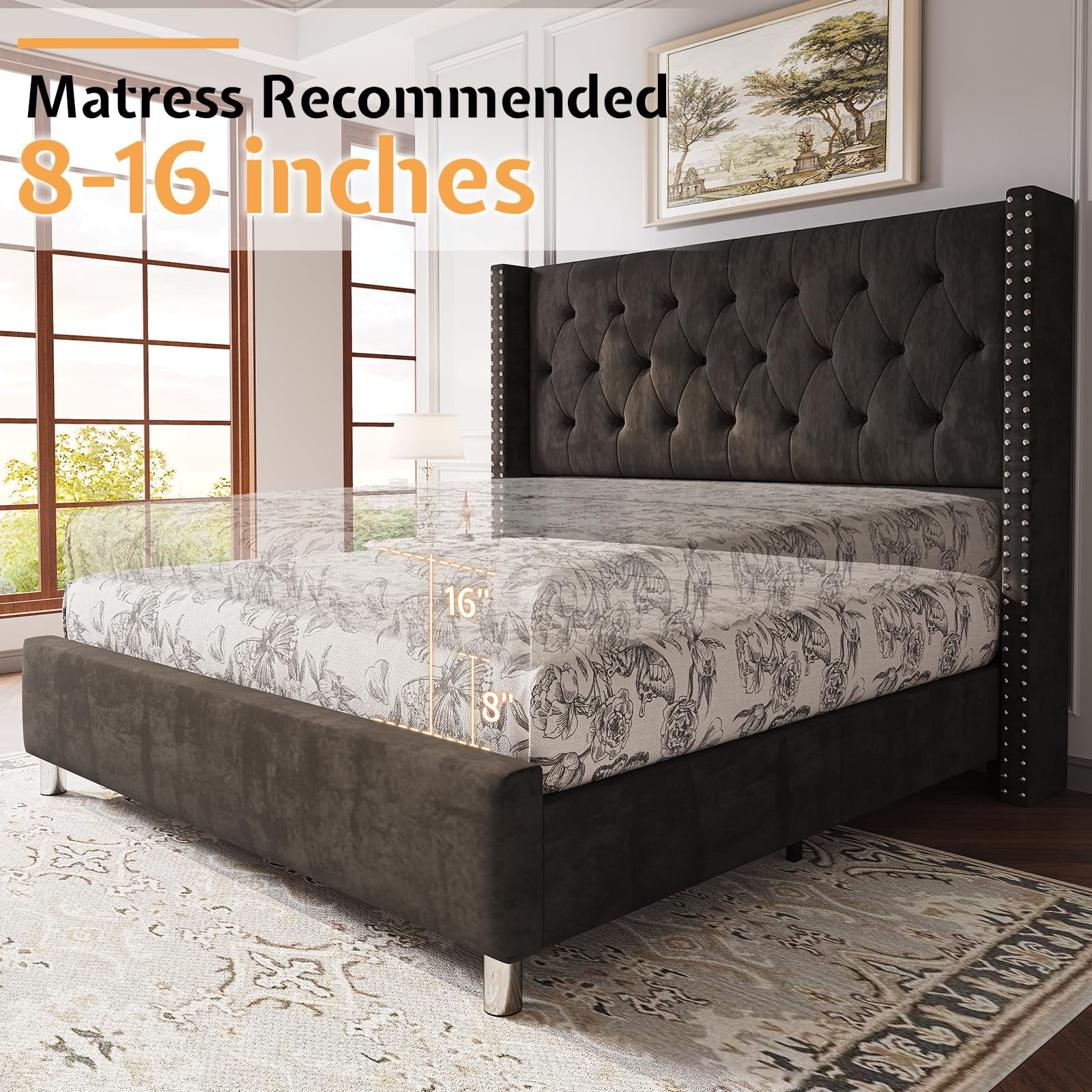 VanAcc Queen Size Bed Frame,Upholstered Velvet Low Profile Platform with Raised Wingback Headboard,Black