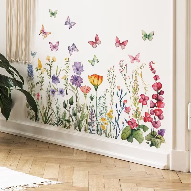 Watercolor Floral Wall Decals, Garden Flowers and Butterflies Wall Stickers, Pink Purple Yellow Nursery Room Decorations