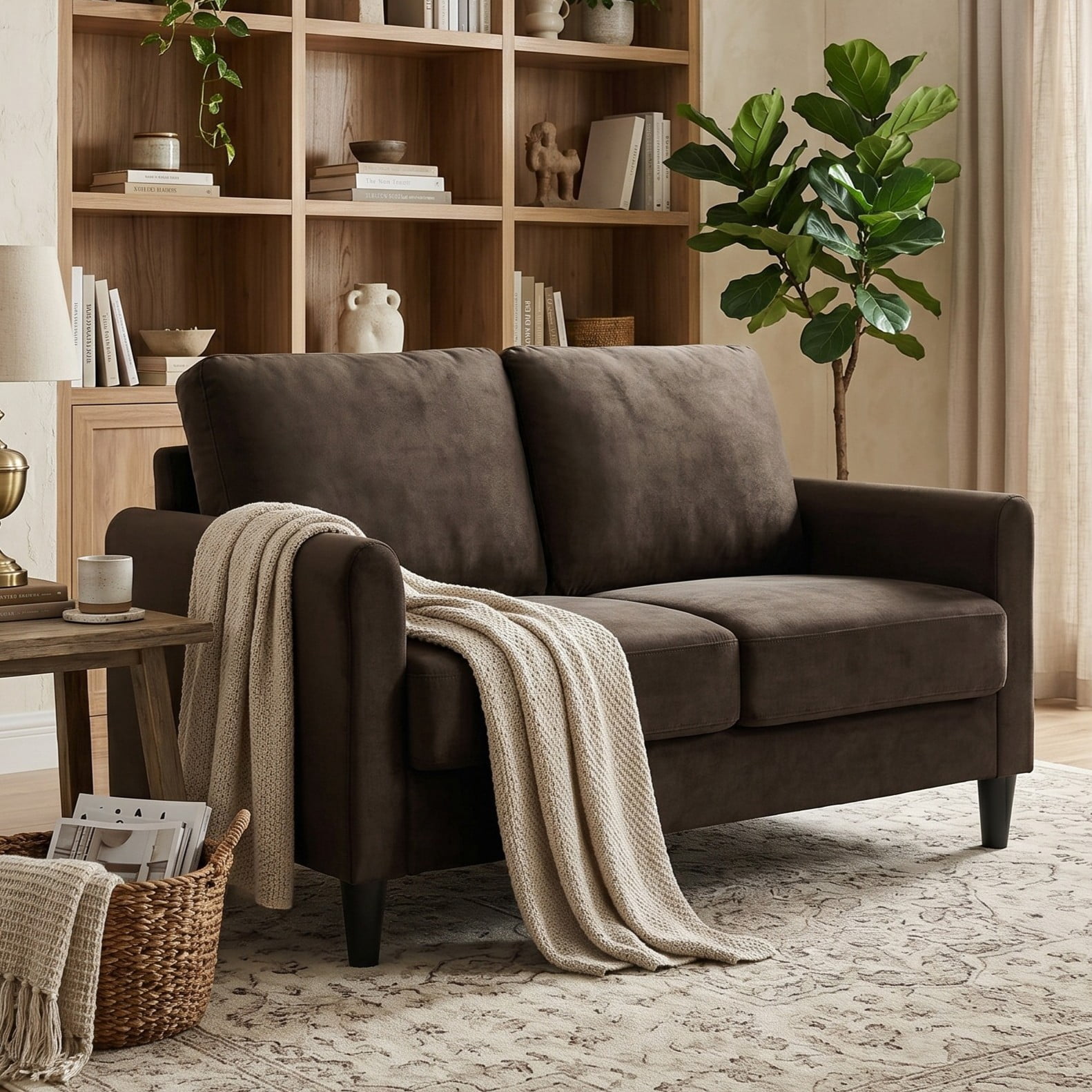 Home Design Airell 2-Piece Living Room Set with Loveseat and Sofa, Soft Velvet Fabric, Modern Upholstered Design, Brown