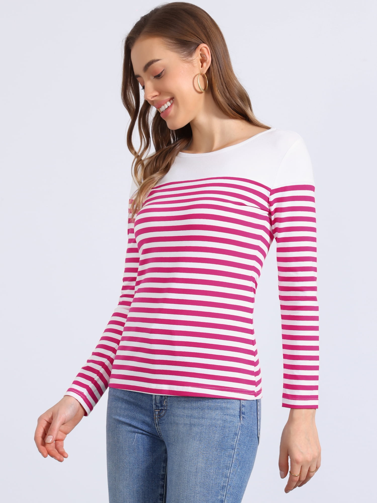 DARING DIVA Women's Color Block Striped Knit Top Long Sleeves T-Shirt M Red White