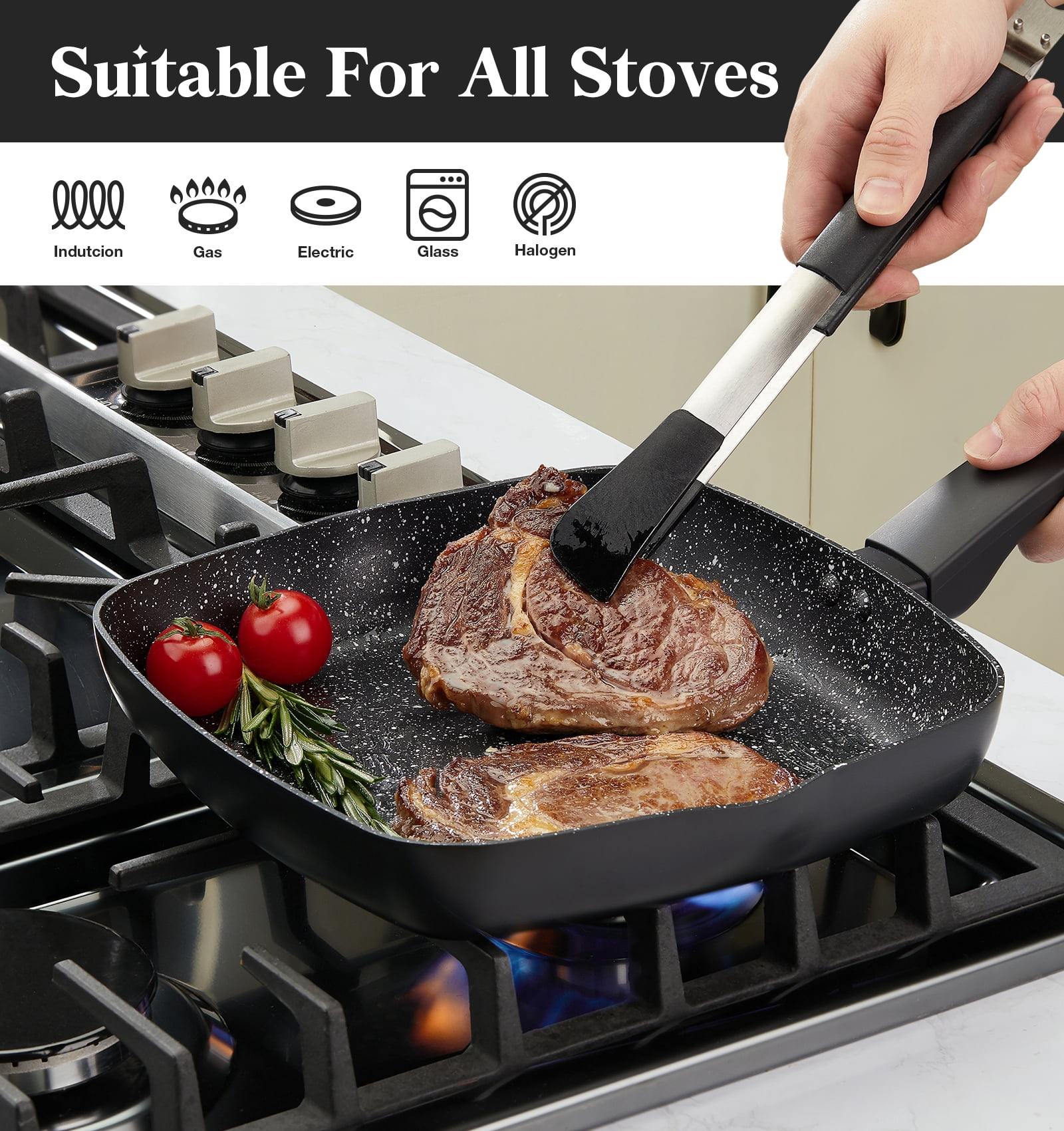 Koch Systeme CS 9.5 inch Nonstick Frying Pan with Lid, Square Omelet Pans, Compatible with All Stovetops, Black
