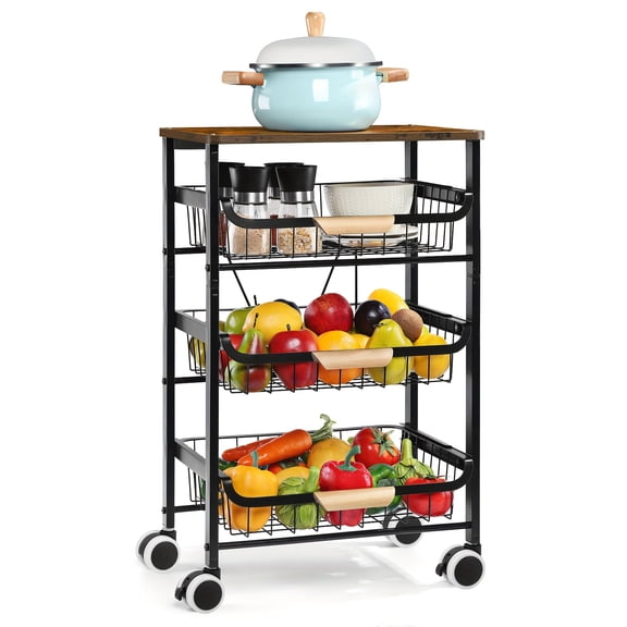 Heavy-Duty 4-Tier Kitchen Storage Cart with Pull-Out Baskets, Rolling Shelving for Pantry