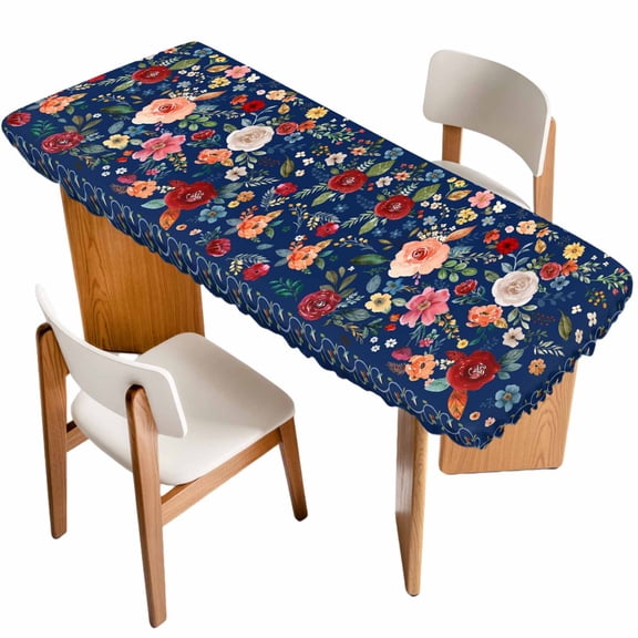 Navy Blue Flowers Table Cloths for 8 Foot Rectangle Tables, Spring Vintage Floral Leaves Farmhouse Patio Waterproof Elastic Fitted Tablecloths, Washable Rectangular Table Cover for Camping