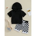 thumbnail image 2 of Suealasg Kids Boys Summer Outfits 6M 1T 2T 3T Toddler Boys Solid Color Hooded Short Sleeve T-Shirts Tops and Checkerboard Elastic Waist Shorts 2Pcs Causal Clothing for Baby Boys, 2 of 9