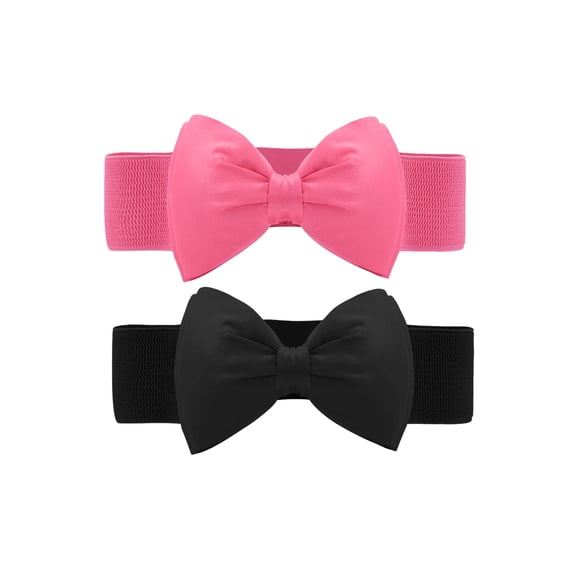 INSPIRE CHIC Women's 2Pcs Bowknot Elastic Belts, 2.4" Width Elegant Cute Stretchy Cinch Waistband for Dress Wedding 24 - 32" Fuchsia Black