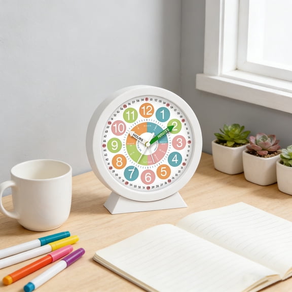 Ohmyroo Kids Learning Alarm Clock with Silent Operation, Timed Reminders and Games, 6.5-Inch White Desk Clock