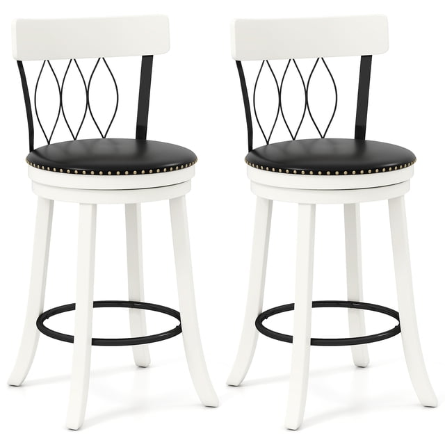Gymax 26'' Set of 2 Bar Stools w/ Footrest Rubber Wood Frame & Tufted Rivets