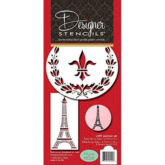 Designer Stencils Parisian Cake Stencil Set, (Eiffel Tower - Fleur De Lis - Wreath), Beige/semi-transparent