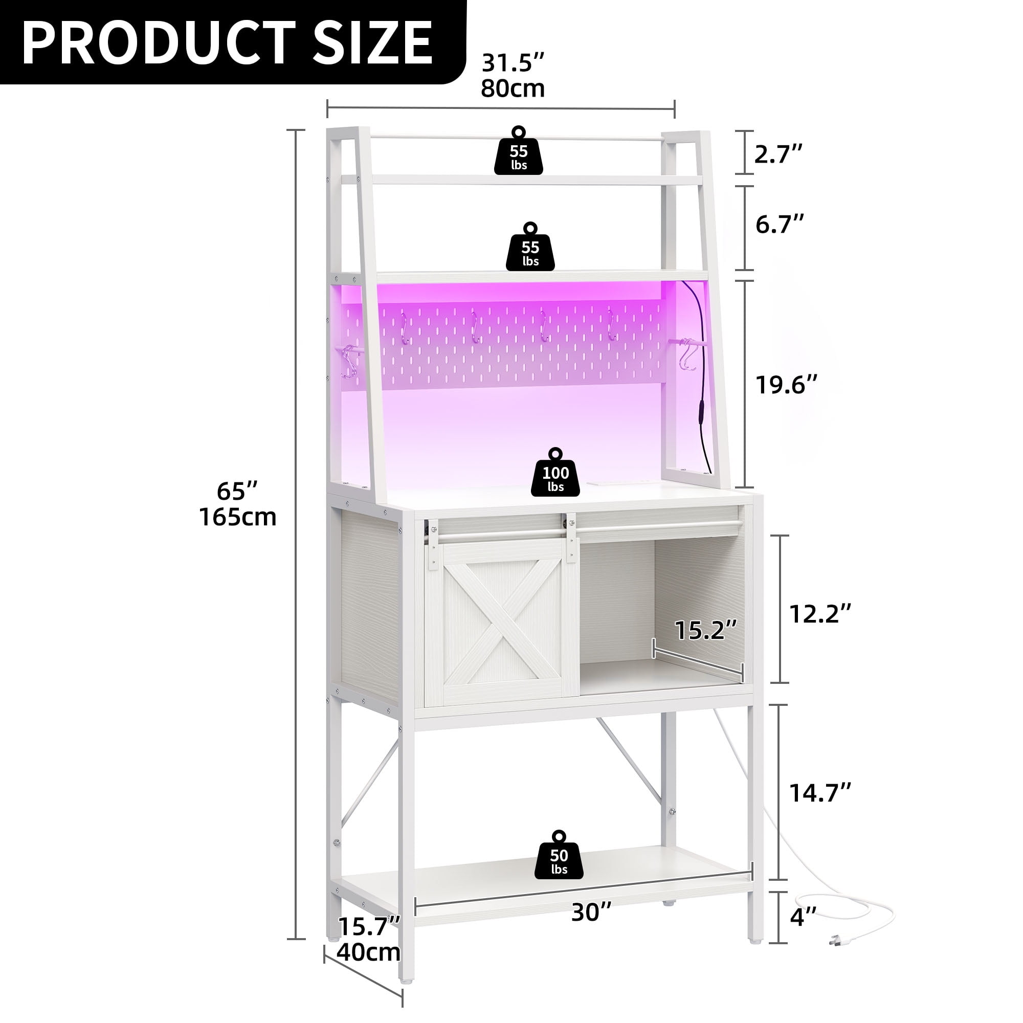 DWVO 65" Kitchen Baker's Rack with Power Outlet and LED Light, 5-Tier Microwave Stand with Hutch & Barn Door, White