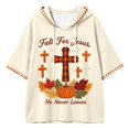 thumbnail image 4 of Arlun Women's Fall for Jesus He Never Leaves Hoodies Drop Shoulder 3/4 Sleeve Hooded Sweatshirt Vintage Plaid Pumpkin Maple Leaf Print Casual Loose Pullovers Beige XXL, 4 of 5