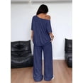 thumbnail image 5 of Women'S 2 Piece Travel Outfits Casual Short Sleeve Knit Sweater Set Wide Leg Pants Lounge Sets Dark Blue S, 5 of 8