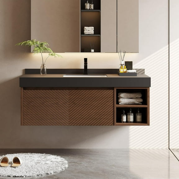 48" Floating Bathroom Vanity with Sink, Modern Wall Mounted Vanity Bathroom Storage Cabinet with V-Shaped Fluted Drawers Door, Ceramic Basin, Open Shelf, Walnut