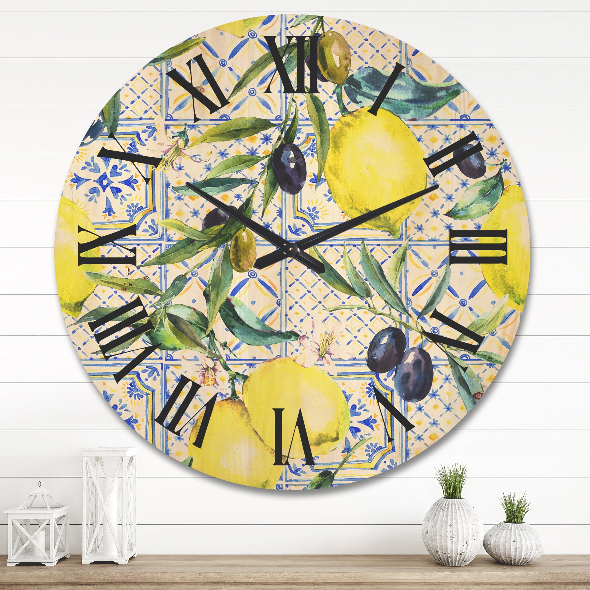 Designart 'Geometrical Pattern of Lemon Ornament On Blue III' Tropical Wood Wall Clock
