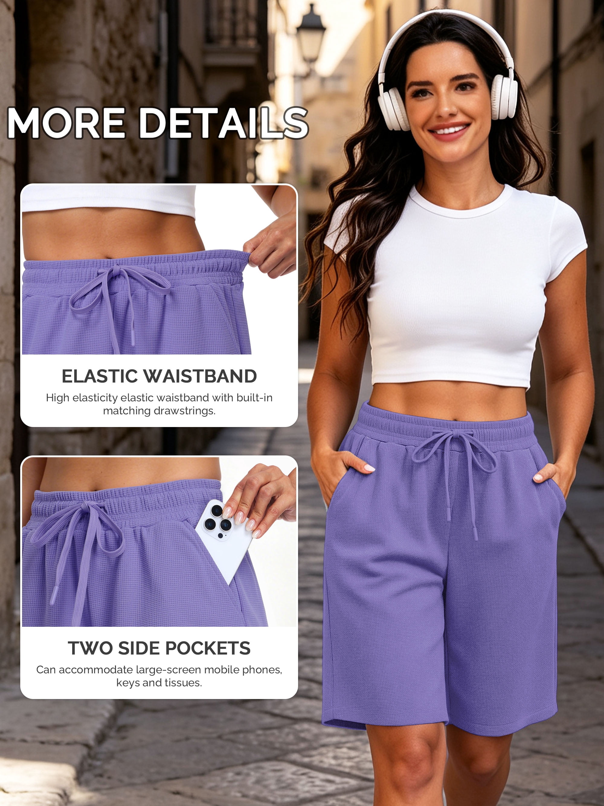 NELEUS Women's 9" Bermuda Shorts Waffle Knit High Waisted Breathable Lounge Casual Shorts with Pockets,Purple,US Size L