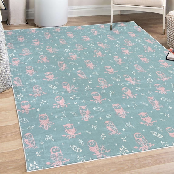 Owl Decorative Rug, Cartoon Style Illustration of Birds on the Branches Mysterious Woods Print, Quality Carpet for Bedroom Dorm and Living Room, 6 Sizes, Almond Green, by Ambesonne