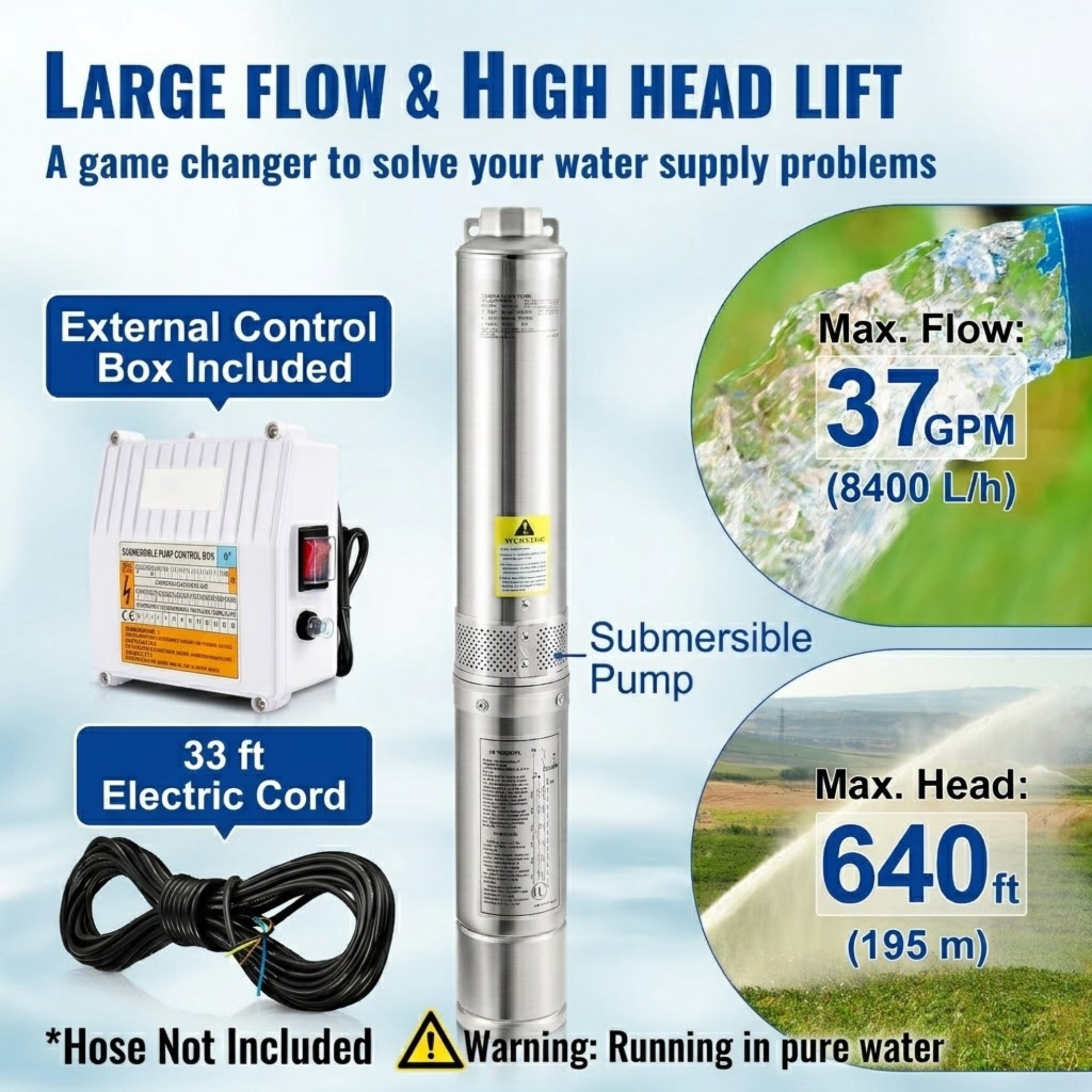 3HP Deep Well Submersible Pump, 37 GPM 640 ft Max Head, 4-Inch Stainless Steel 230V Water Pump with External Control Box for Irrigation and Industrial Use