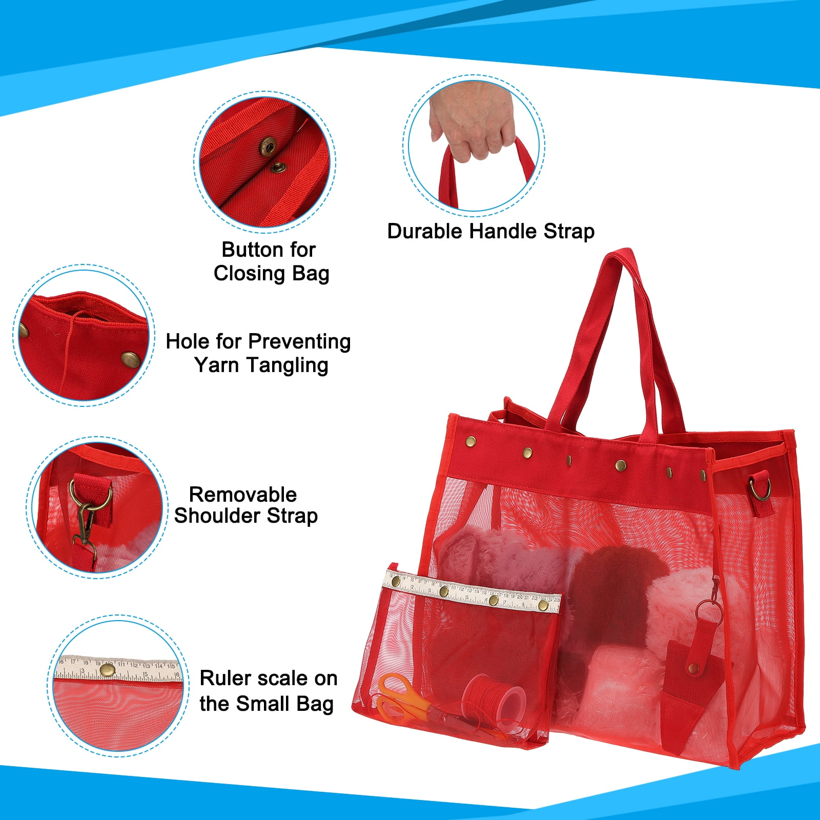 Uxcell Crochet Bag for Yarn Storage, Large Size Knitting Organizer Detachable Mesh Yarn Case Holder with Strap, Red