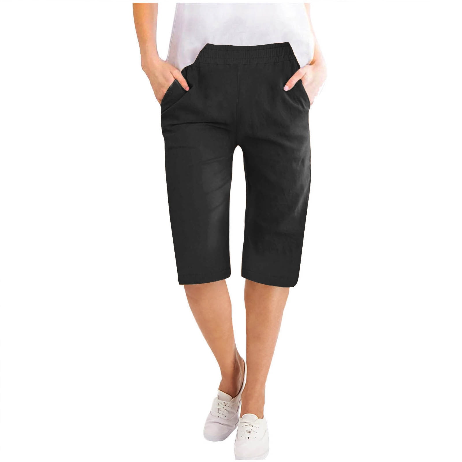 Timegard Womens Shorts Cotton Linen Elastic Waist Solid Color Summer Knee Length Trousers with Pockets