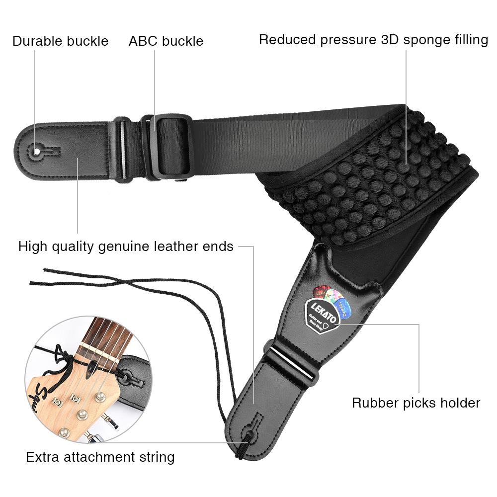 LEKATO Guitar Straps for Electric Bass 3.5" Wide Padded Neoprene Pad with 3D Sponge Filling Adjustable Length from 45" to 55" with Strap Locks Picks