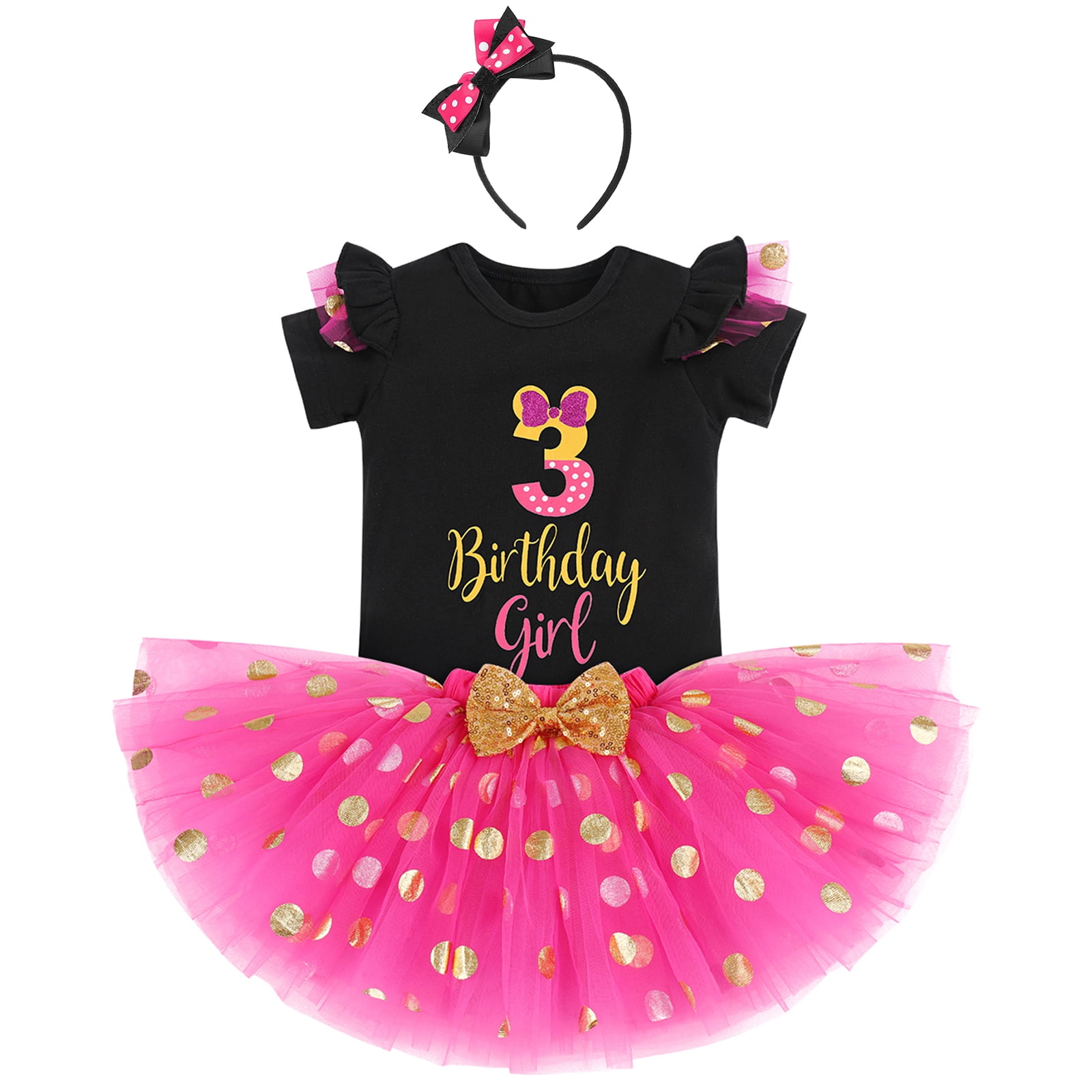IBTOM CASTLE Toddler Girls 1st 2nd 3rd Birthday Outfit Princess Polka Dots Ruffle Tutu Skirt Mouse Headband Cake Smash Party Clothes Set 3 Years Black + Hot Pink