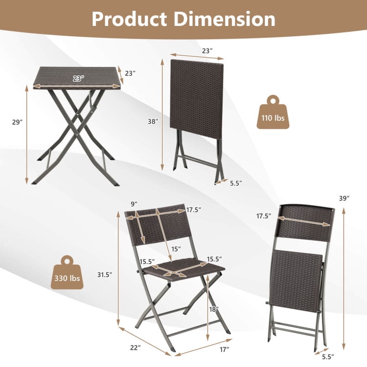 Aimee Lii 3 Pieces Patio Bistro Set with Folding Wicker Chairs and Table, Outdoor Patio Furniture, Brown