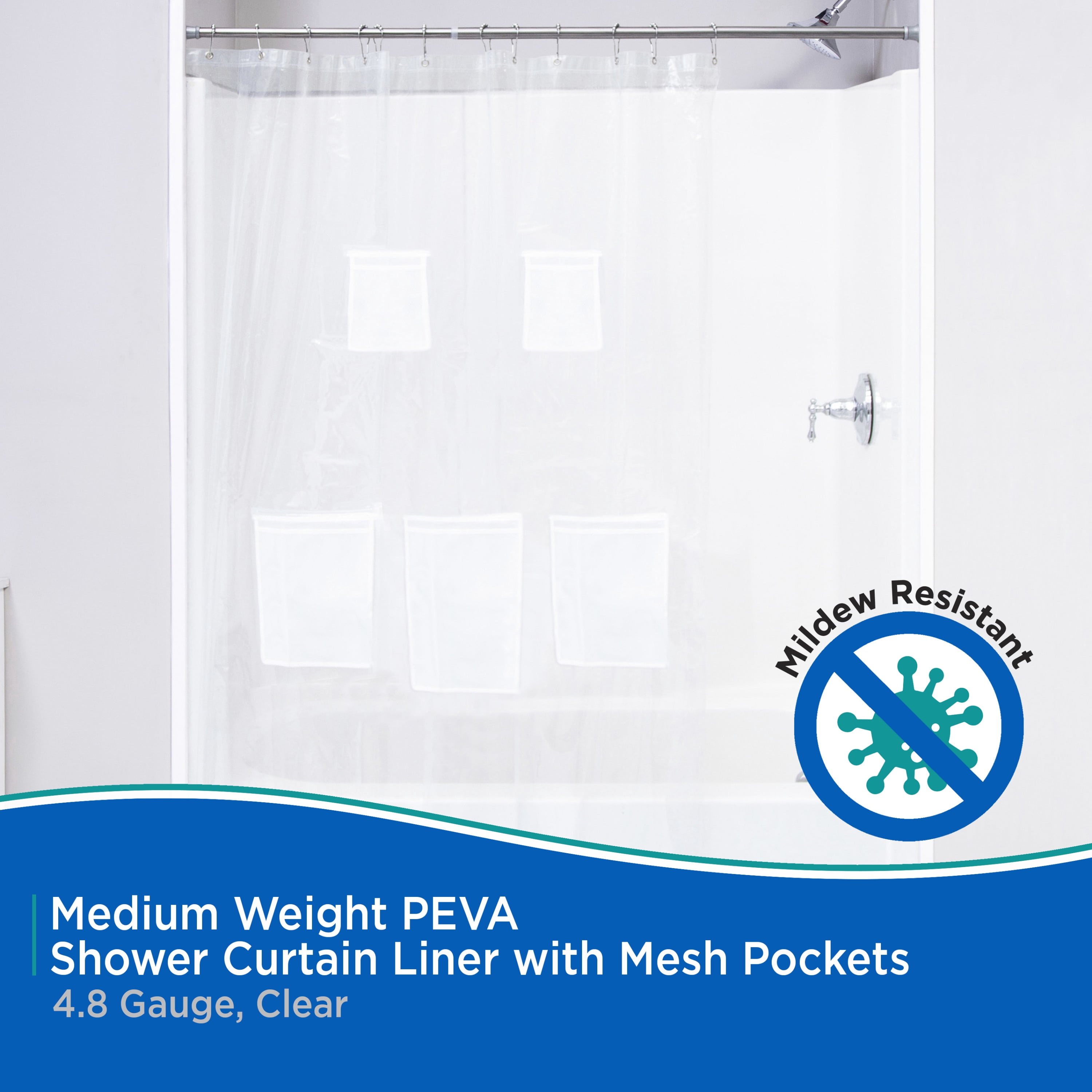 Kenney Medium Weight PEVA Shower Curtain Liner with Pockets, 70" W x 72" H, White