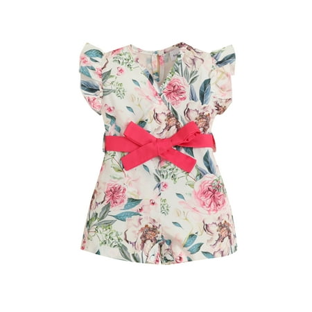 

Seyurigaoka Infant Baby Girls Romper Pants Floral Print V-Neck Fly Sleeve Snap Closure Playsuits Summer Newborn Playsuits with Bow Belt