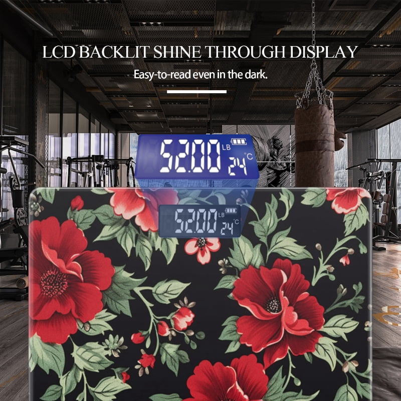 High Precision Body Weight Scale Smart Bathroom Scales with Large LCD Display(400lbs),Decorative for Bedroom-Red Flowers On Black