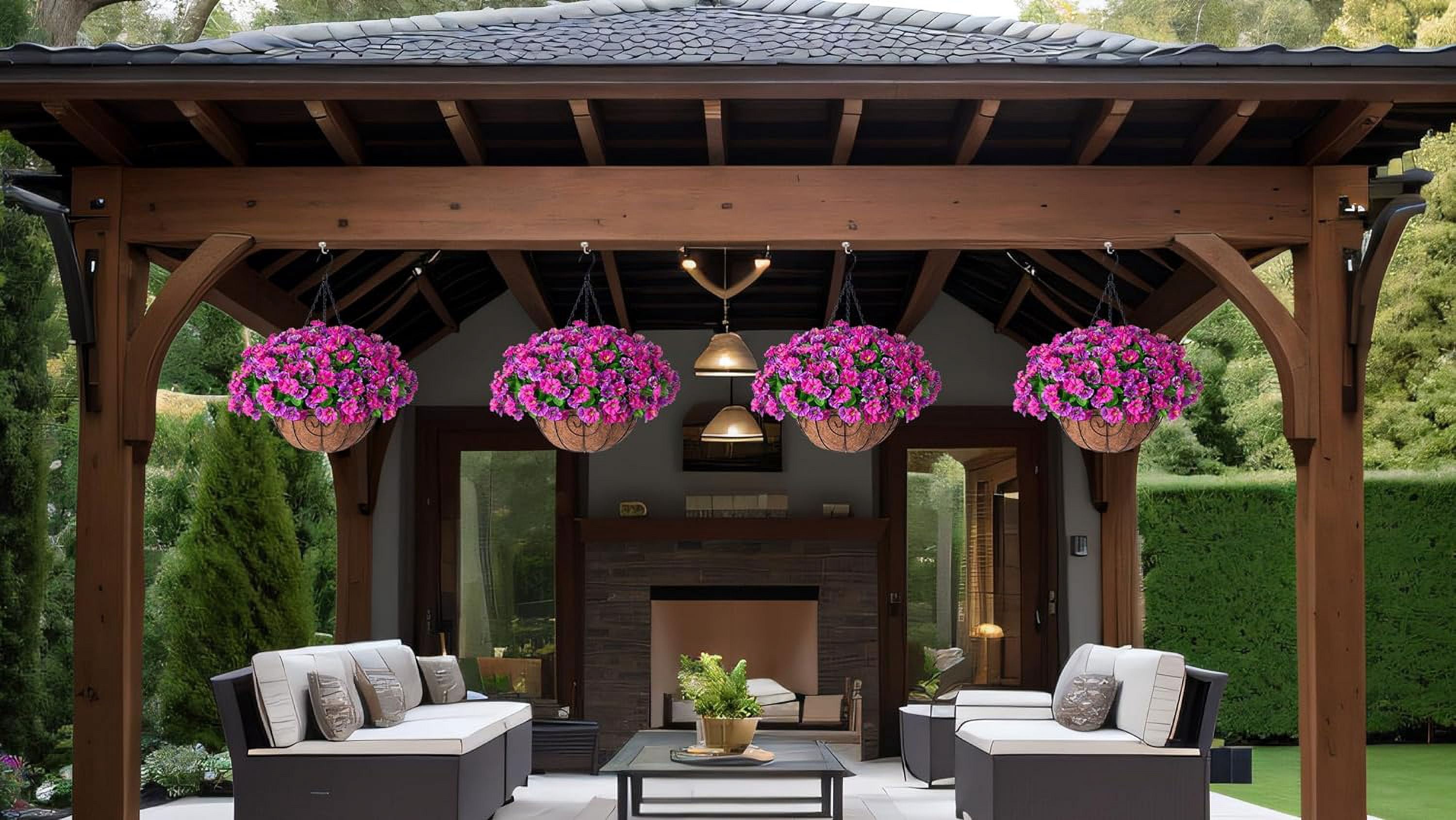 Artificial Hanging Flowers inch Basket, Faux Silk Petunias Flower Arrangement,Coconut Lining Planter with Morning Glories Plants Patio Garden Porch Deck Spring Decor(Lotus and Fuchsia)