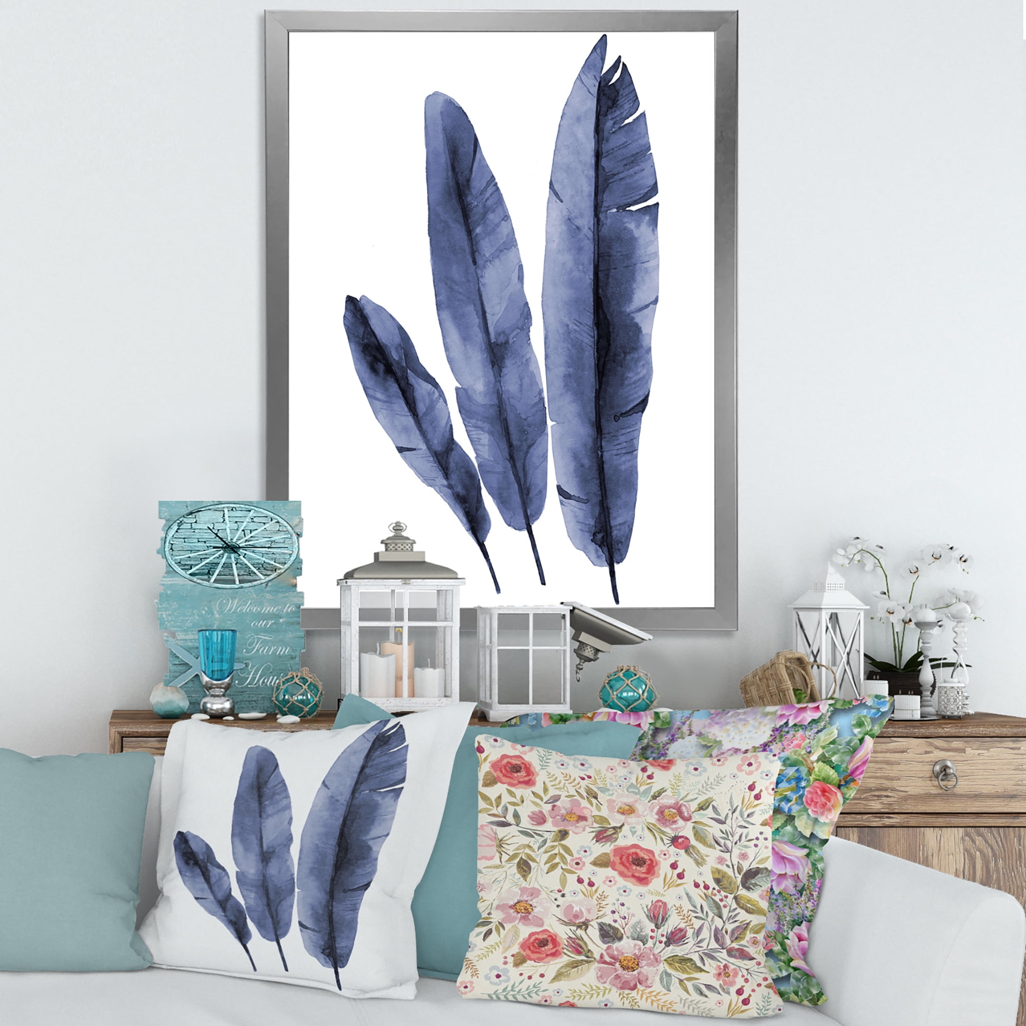 Designart 'Navy Blue Tropical Banana Leaves On White' Tropical Framed Art Print