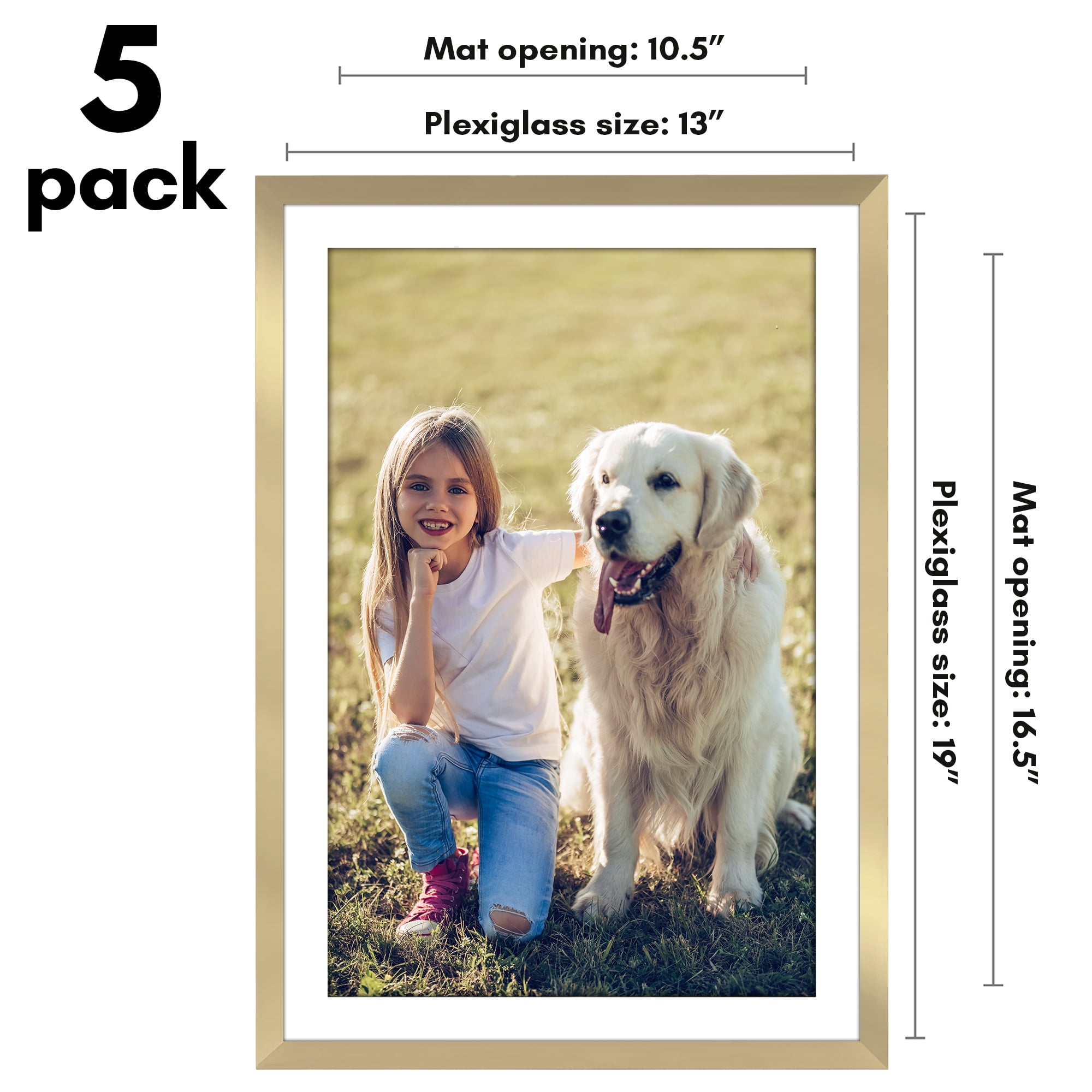 Americanflat 13x19 Picture Frame with Polished Plexiglass with 11x17 Mat 5 Pack Display Photo Galleria - Gold