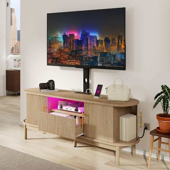Uforic 60" TV Stand with Mount for 32-75" TVs, Height Adjustable Fluted Entertainment Center, Oak