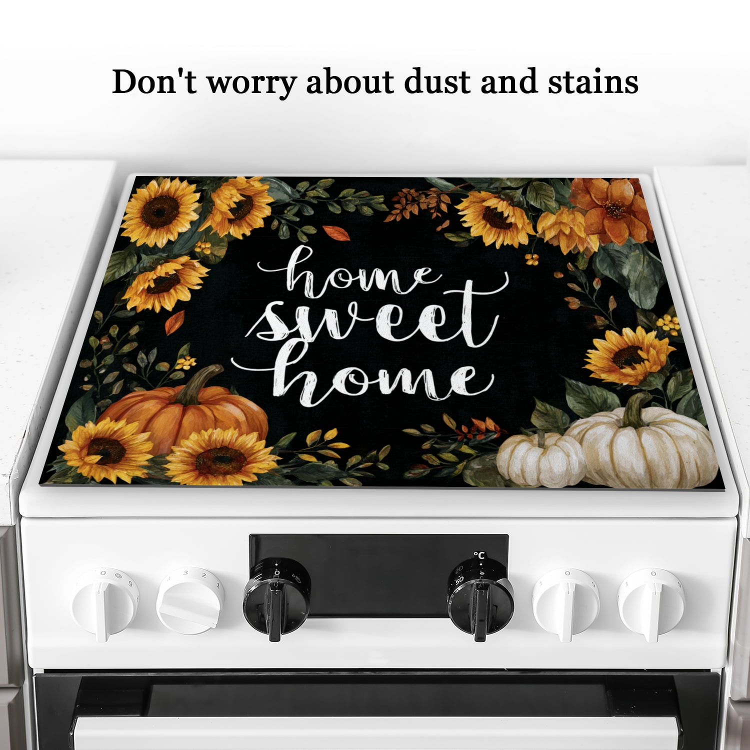 Fall Burner Covers for Electric Stove, Yellow Sunflowers Pumpkins with Leaves Non-slip Stove Top Covers, Heat Scratch Resistant Protector Mat for Kitchen RV (28×20 Inch)