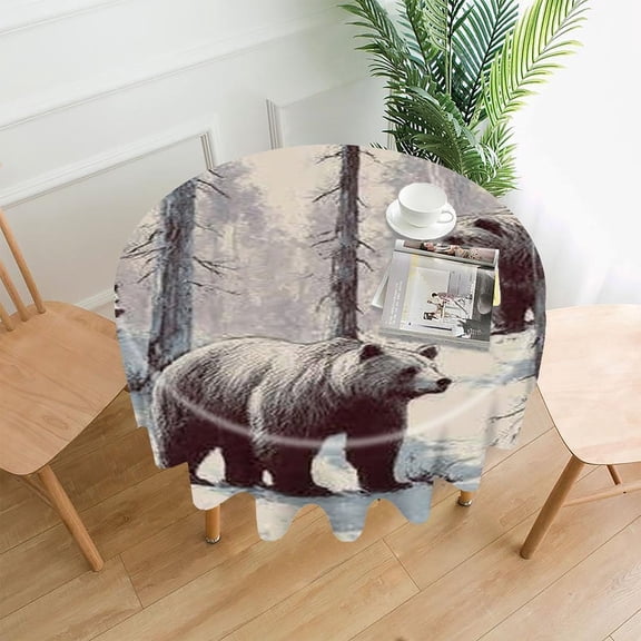 RKSupls 60 Inch Round Tablecloth, Bears Winter Forest Premium Polyester Straight Edge Wrinkle Resistant Washable Table Cover for Party Home Dining Decor