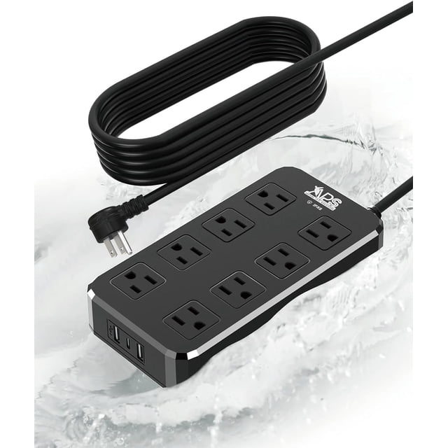 Power Strip APS de 8 salidas, 3 USB (1 USB-C), 10 pies, resistente al agua, color negro
