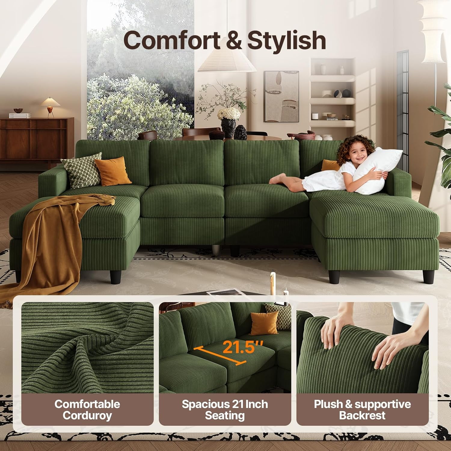 AENKYO U-Shaped Sectional Sofa Couch with 2 Ottomans, Convertible 4-Seat Living Room Furniture with Removable Cushions, Green