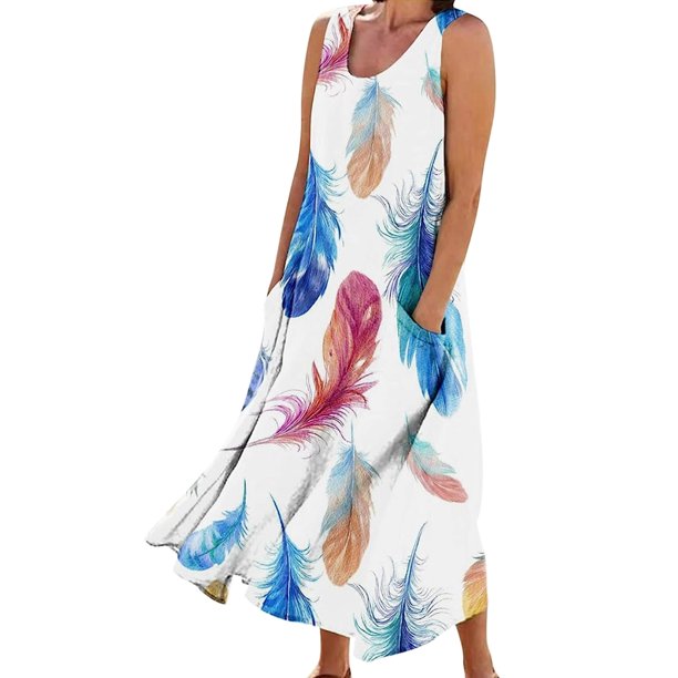 Vestido sin mangas para mujer Vestido casual estampado elegante Vestido de playa (Blanco L) Tmvgtek Para estrenar