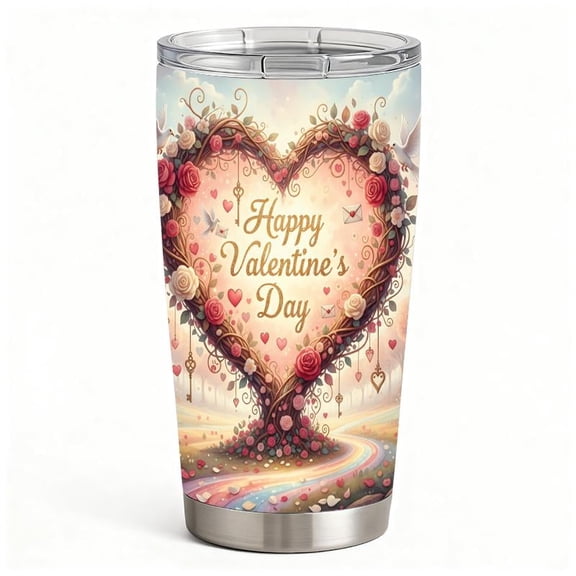 Romantic Rose Vine Heart Valentine Tumbler, Double Wall Stainless Steel Coffee Travel Cup, Gift for Her