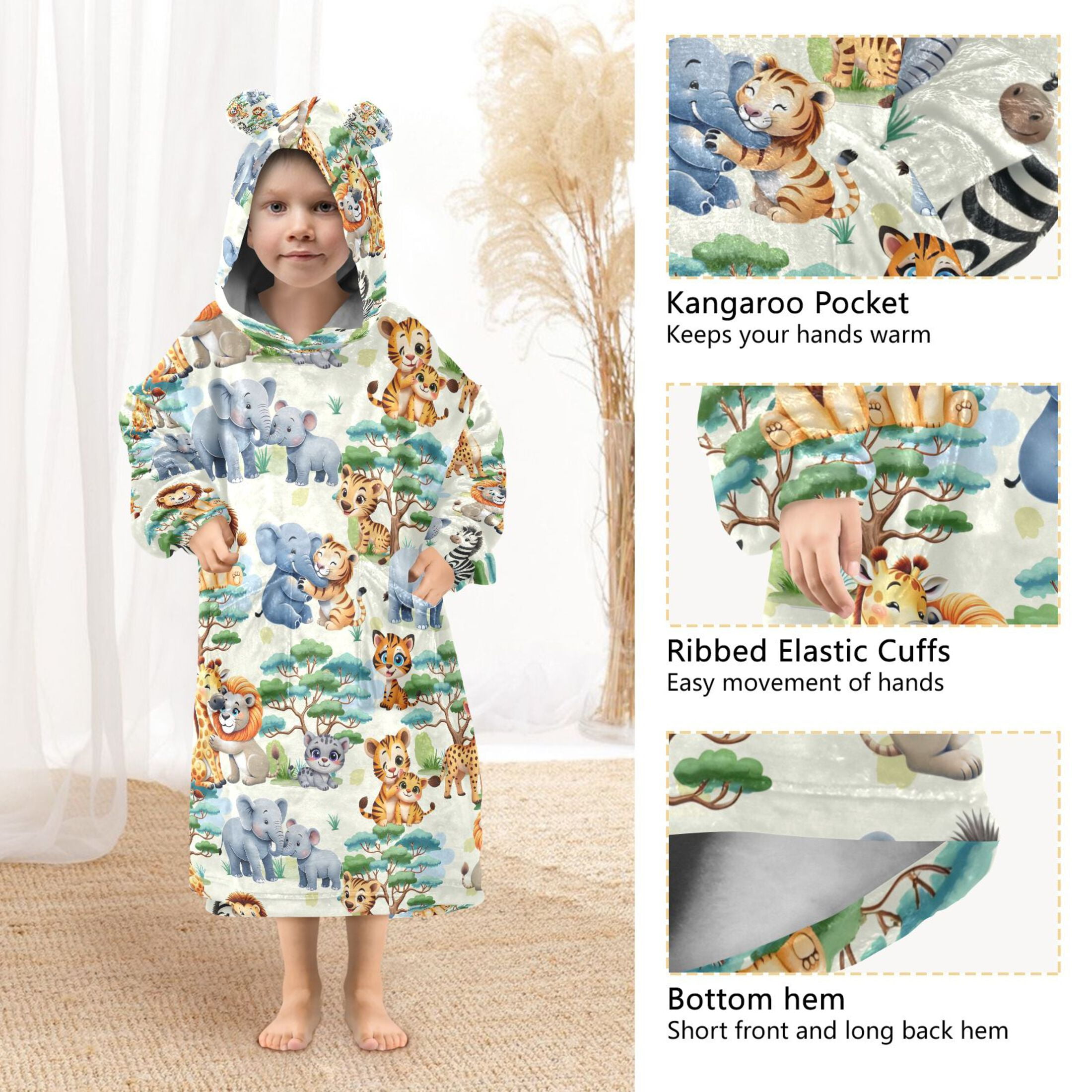 joogoo Wearable Blanket Jungle Animals Lions Elephants Hoodie for Oversized Sherpa Hooded 3-14 YR M