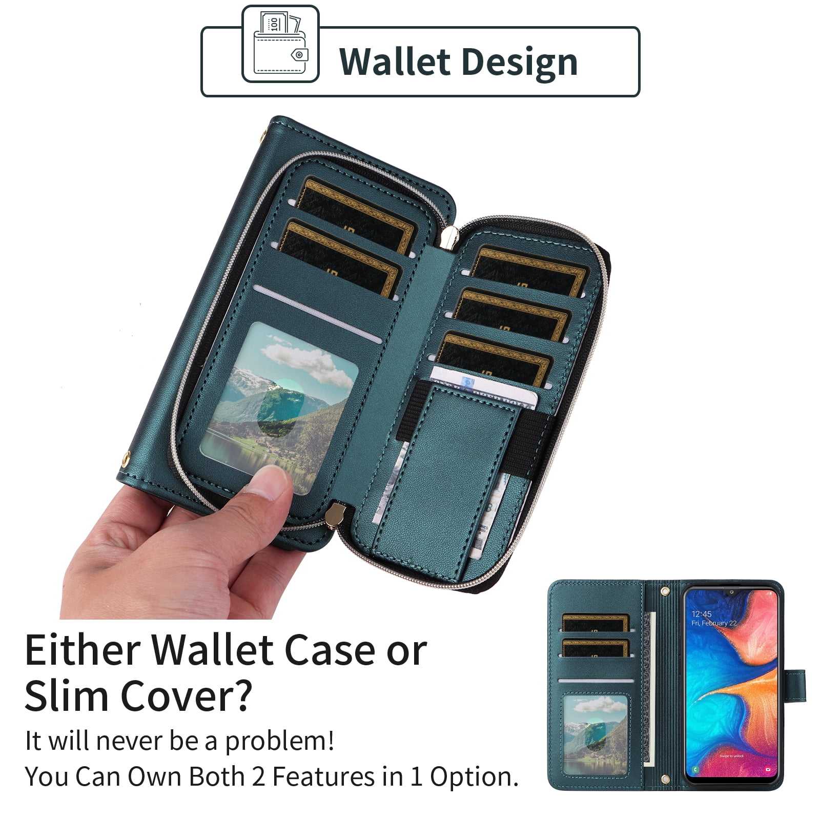 Furiet Argyle Wallet Case for Samsung Galaxy A20 A30 with Wrist/Shoulder Strap, Card Slot Zipper Purse Luxury PU Leather Card Holder Stand Checkered Phone Cover for M10s A 30 20A SM A205G Green