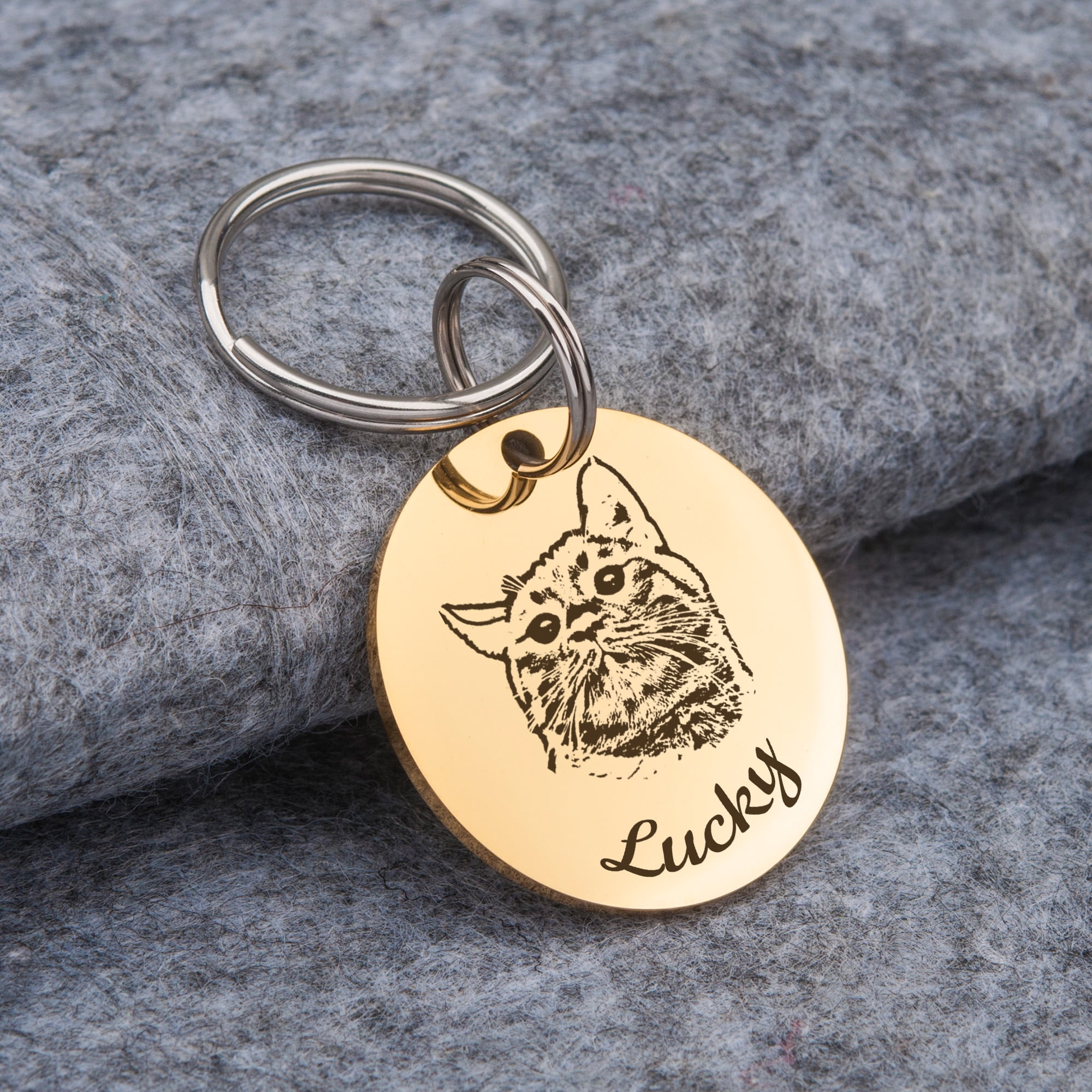 Anavia Stainless Steel Double Sided Round Name - Pet Portrait Photo Engraved Dog & Cat ID Tag, Gold, M