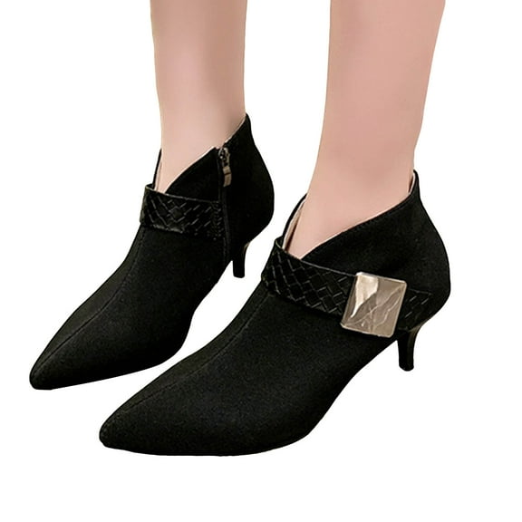 Women's Suede Ankle Boots Pointed Toe Slip On Fall Booties Low Stiletto Heel Pumps Dress Shoes with Side Zipper Black Size 8