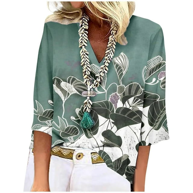 ICHUANYI Clearance Women's Fashion Printed Loose T-shirt 3/4 Sleeves Blouse V Neck Casual Tops(Green, M) ICHUANYI WER2023081100144