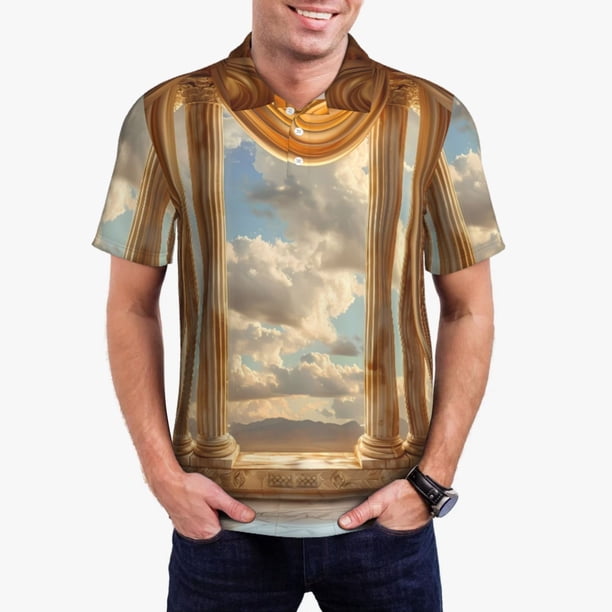 Balery Golden Drapes Pillars Clouds Camisa Polo de Hombre con Estampado, de Manga Corta y Tejido Medio, Camisa Tipo Golf Polo-3X-Large