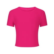 USSUMA Summer Tops For Women Trendy Women's Basic Short Sleeve Round Neck Crop Top Summer Casual Plain Crop Tops T-Shirt Tee for Juniors Girls