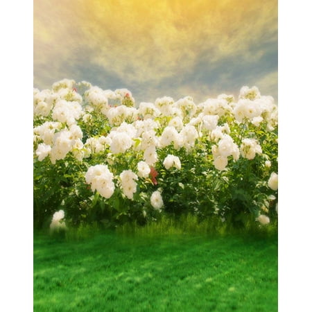 Image of ABPHOTO Polyester 5x7ft Lawn Tree White Flower Photography Backdrops Photo Props Studio Background