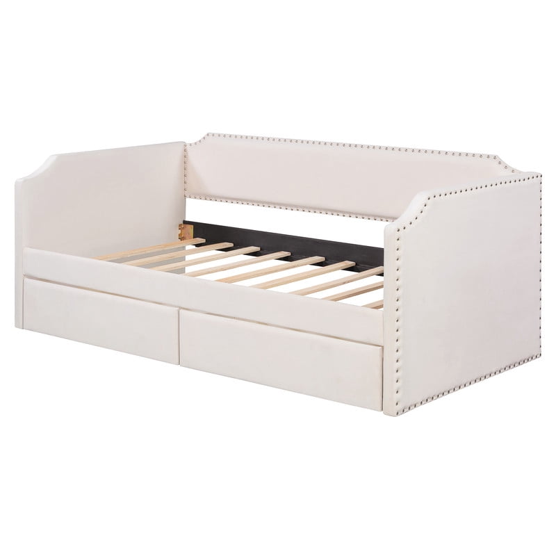 Twin Size Velvet Classic Daybed with 2 Drawers, Upholstered Sofa Bed Frame with Nailhead Trim, Multi-functional Platform Bed