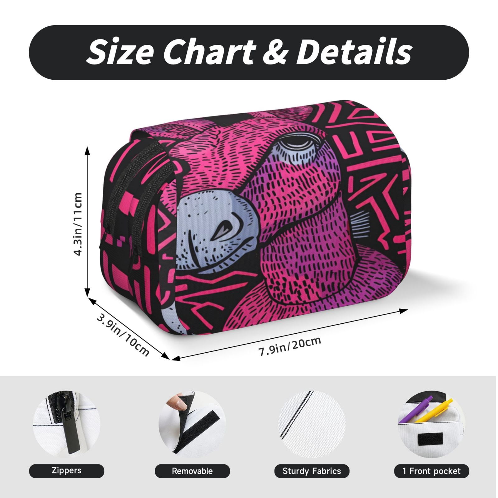 Rateoe ink Donkey Pop Art Pattern Double Clamshell Pen Case, Storage Organizer with Two Zipper Compartments– Holds Up to 50 Pencils & Pens