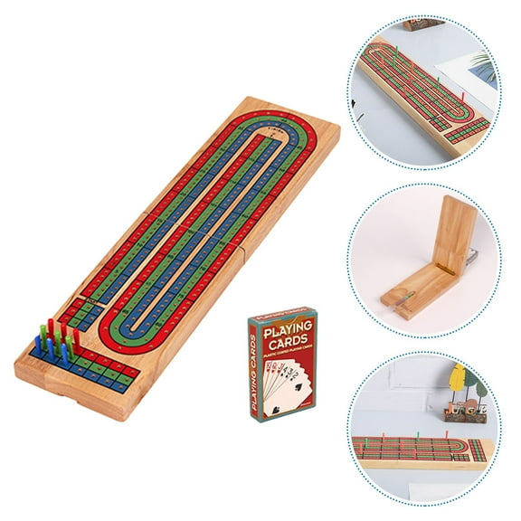 Wooden Cribbage Board Game Set with Multi-Colored Pegs and Cards for Playing on Solid Wood Table 1