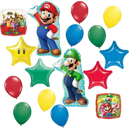Super Mario Brothers Mega 16 Piece Foil Mylar and Latex Balloons Super Power Star Birthday Party Decoration Set.